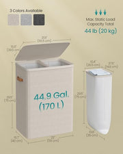 SONGMICS Laundry Basket, 170L Laundry Hamper with Lid, 2 Removable Bags | Easy Assembly Laundry Sorters, with Handles, 22.1 x 15.8 x 29.5 Inches, Cappuccino, BROSI Collection ULCB813L01