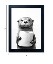Bathroom Picture Wall Decor, Framed Black and White Bathroom Wall Art, Toilet Paper in Little Funny Raccoon's Hand Animal Canvas Print Painting
