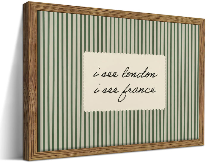 Vintage Quote Wall Art, I See London I See France Funny Bathroom Wall Decor Painting, Minimalist Green Striped Canvas Print Picture for Bathroom Bedroom Living Room 12x16 Inch Framed