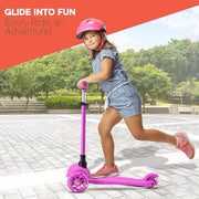 Pink Mini 3 Wheel Scooter for Kids – Lean-to-Steer with LED Light-Up Wheels, Adjustable Handlebar, Wide Anti-Slip Deck, Smooth PU Wheels, Rear Foot Brake – Toddler Scooter for Ages 2+