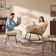 Papasan Rocking Chair with Ottoman, Oversized Indoor Outdoor Rattan Rocker with Padded Cushion