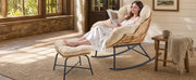 Papasan Rocking Chair with Ottoman, Oversized Indoor Outdoor Rattan Rocker with Padded Cushion