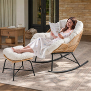Papasan Rocking Chair with Ottoman, Oversized Indoor Outdoor Rattan Rocker with Padded Cushion