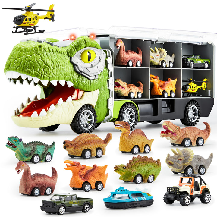 JOYIN 13 in 1 Dinosaur Toys for Kids 3-5, Transport Dinosaur Carrier Truck with 12 Pull Back Cars, Kids Toys 3-4 Birthday Gifts for 3 4 5+ Year Old Boys
