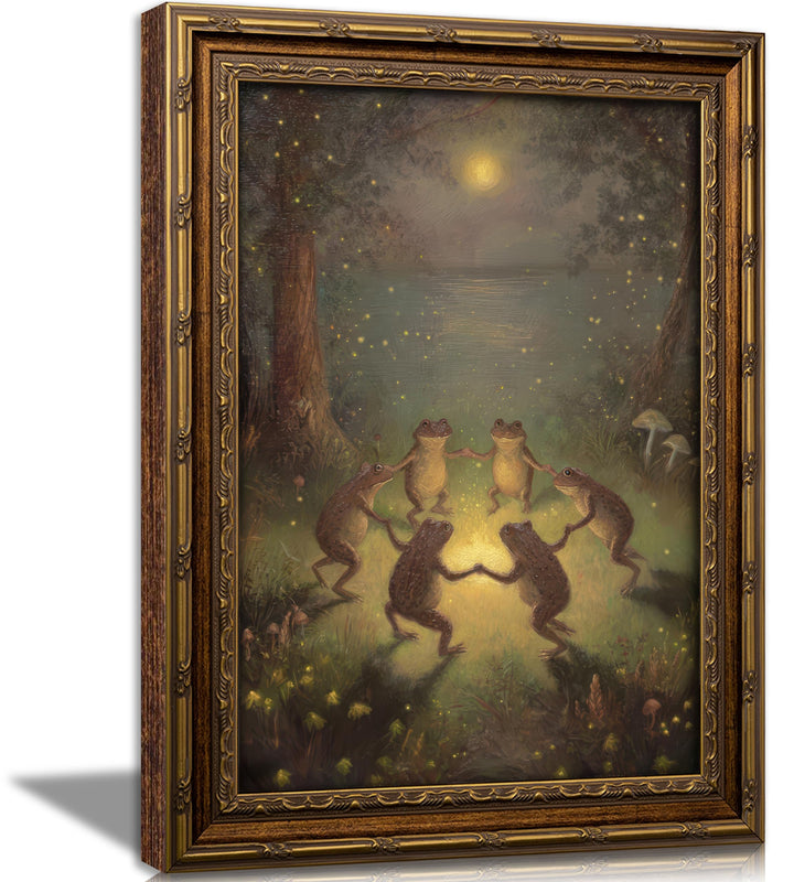 Vintage Gold Framed Frog Wall Art,Frogs Dancing in Moonlight Forest Painting Canvas Prints,Whimsical Animal Wall Decor,Retro Country Toad Poster Artwork for Corridor Living room Bedroom Kitchen