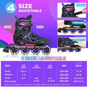 2PM SPORTS Adjustable Inline Skates for Kids, Youth and Adults | Reinforced aluminum frame; lateral support; beginner friendly; triple closure; light-up wheels; 2 non-woven bags