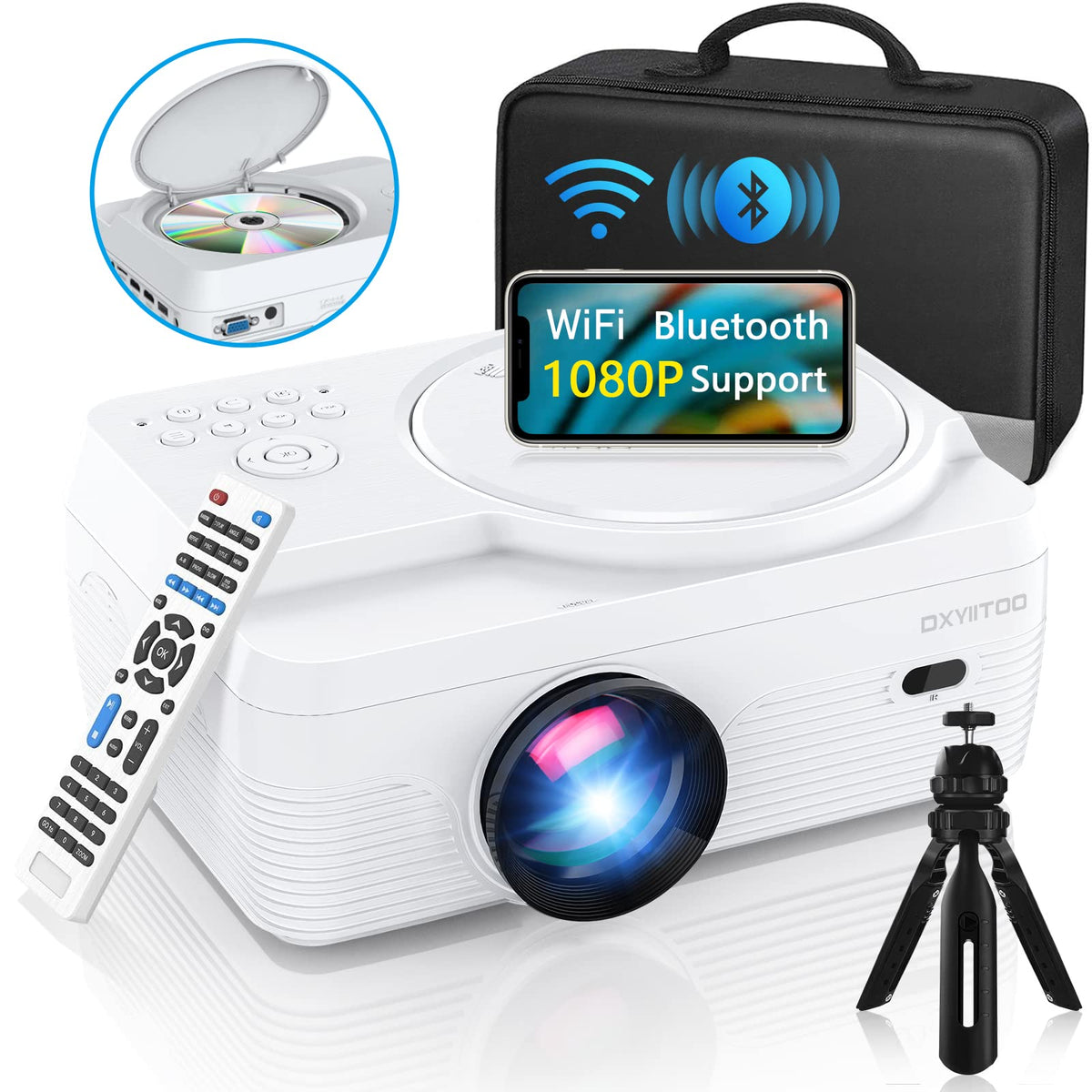 Full HD WiFi Bluetooth Projector Built in DVD Player, 12000LM 1080P Supported, Portable Mini DVD Projector for Outdoor Movies, 250" Home Theater, Compatible with iOS/Android/TV Stick/PS4/HDMI/USB/TF