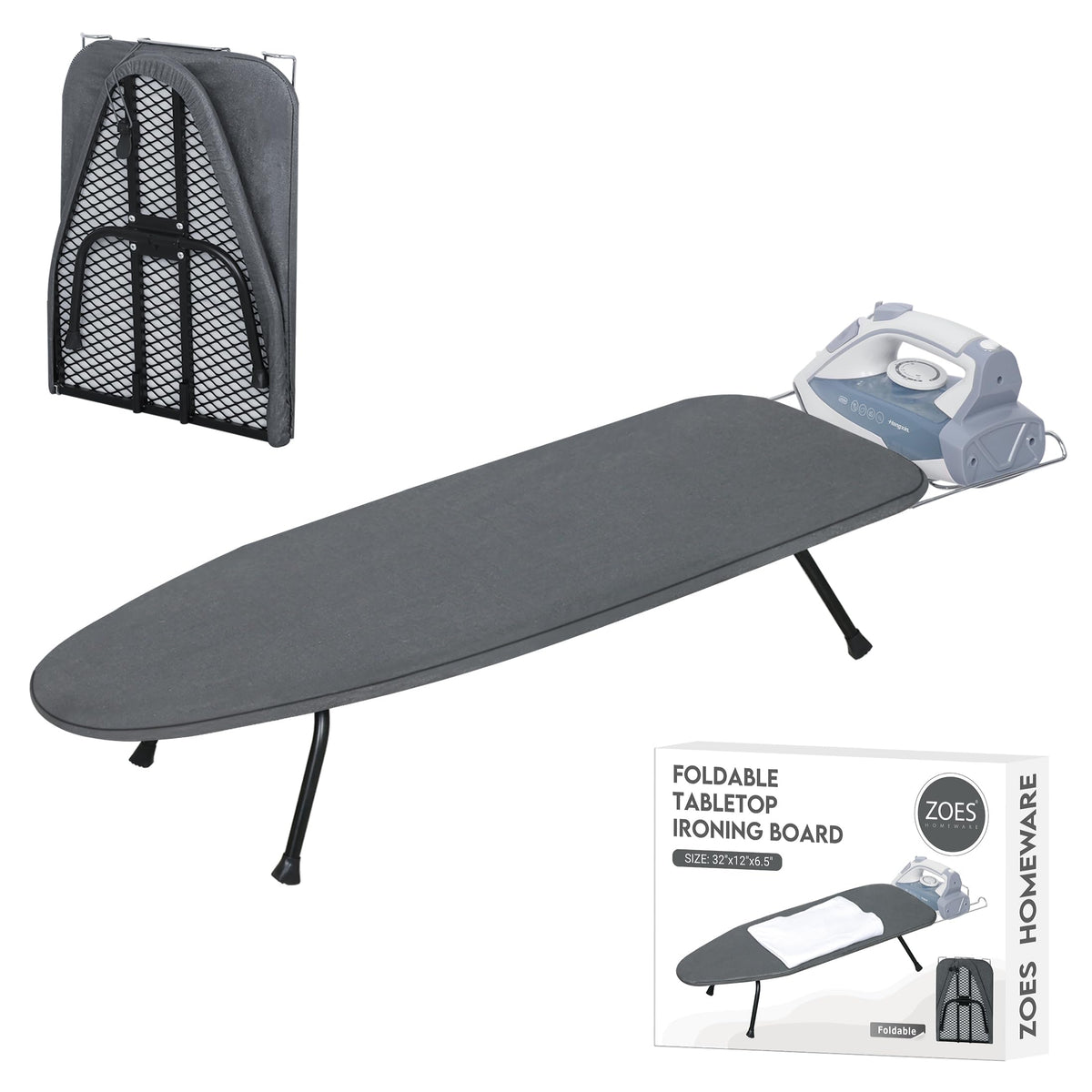 ZOES HOMEWARE Metal Mesh Panel Tabletop Ironing Board | Foldable Iron Board | Heavy Duty Small Iron Board with Heat Resistant Cover and 100% Cotton 8mm Thicken Pad | 31.5"x11.8"x6.2"