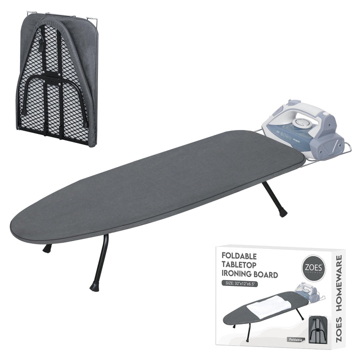 ZOES HOMEWARE Metal Mesh Panel Tabletop Ironing Board | Foldable Iron Board | Heavy Duty Small Iron Board with Heat Resistant Cover and 100% Cotton 8mm Thicken Pad | 31.5"x11.8"x6.2"