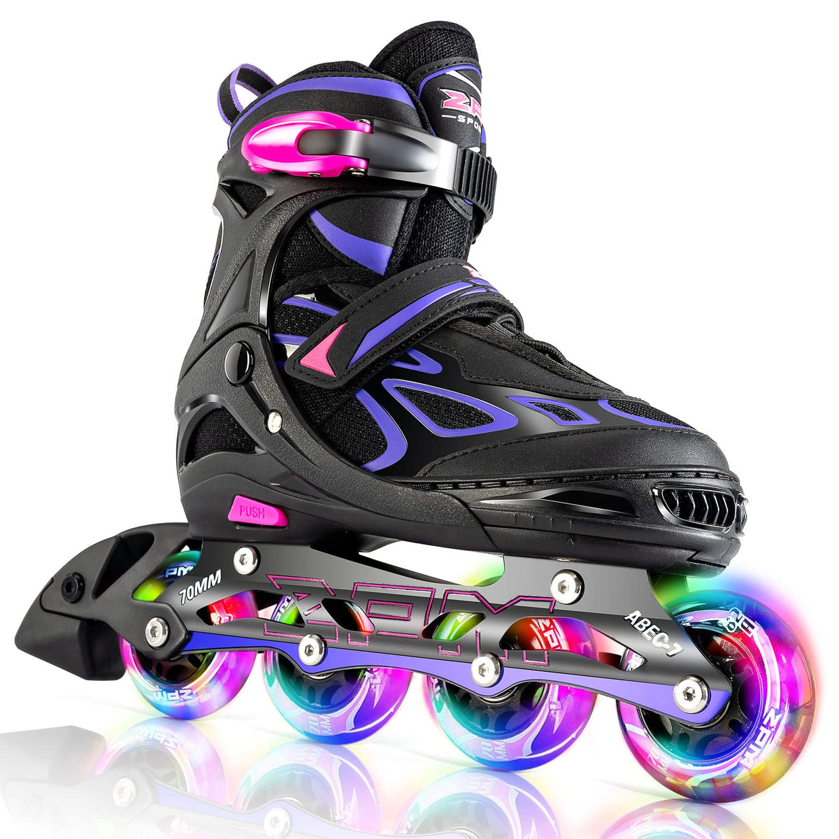 2PM SPORTS Adjustable Inline Skates for Kids, Youth and Adults | Reinforced aluminum frame; lateral support; beginner friendly; triple closure; light-up wheels; 2 non-woven bags