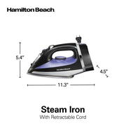 Hamilton Beach Steam Iron for Clothes With Versatile Steam Options | Durable Smooth Press Stainless Steel Soleplate | 1200 Watts, Heat-Up In Under 1 Minute | 8’ Retractable Cord | Black | 14214
