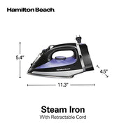 Hamilton Beach Steam Iron for Clothes With Versatile Steam Options | Durable Smooth Press Stainless Steel Soleplate | 1200 Watts, Heat-Up In Under 1 Minute | 8’ Retractable Cord | Black | 14214