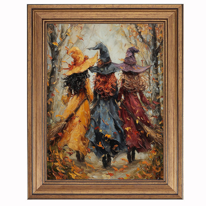 Vintage Halloween Canvas Wall Art, Framed Three Witches Oil Painting Print, Dark Academia Autumn Forest Decor, Retro Gothic Spooky Poster, Rustic Fall Artwork for Living Room, Bedroom, Bathroom, Kitchen (12"L x 9.5"W)