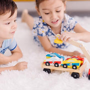 Melissa & Doug Magnetic Car Loader Wooden Toy Set with 4 Toy Cars | 6 Pieces, Wooden Truck, Detachable Trailer, Magnetic Crane, 4 Numbered Cars, Vehicle Sorting Play, Preschool Toys, Ages 3+