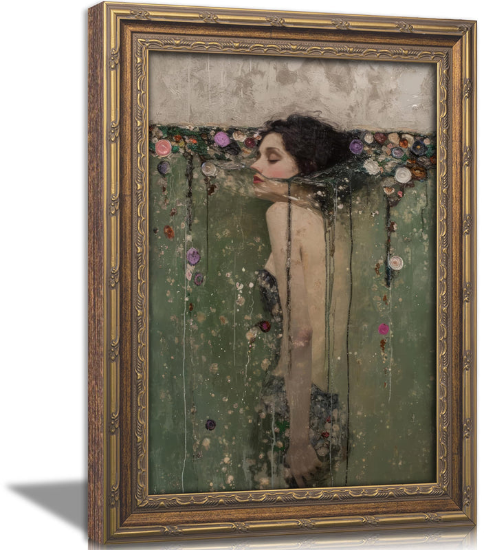 Vintage Gold Framed Ophelia Wall Art, Romantic Victorian Gothic Oil Painting Canvas Print, Dark Academia Wall Decor, Antique Woman Portrait Picture, Moody Floral Poster Artwork for Living Room Bedroom