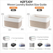 HZFTJOY 65L Laundry Basket with Handles, Woven Blanket Basket, White/Brown | 21"×16"×12" Collapsible Cotton Rope Storage Basket for Toys Clothes & Pillows, Nursery, Bathroom, Bedroom, Living Room