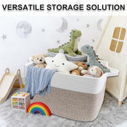 HZFTJOY 65L Laundry Basket with Handles, Woven Blanket Basket, White/Brown | 21"×16"×12" Collapsible Cotton Rope Storage Basket for Toys Clothes & Pillows, Nursery, Bathroom, Bedroom, Living Room