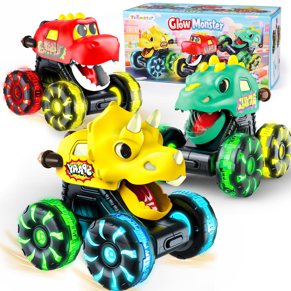 Monster Truck Toys Dinosaur Cars, Press and Go Light Up Cars for Toddlers | LED Wheels Dino Truck Toys for Toddler Boys Girls Gifts, Dinosaur Cars for 2 Year Old Boy Christmas Birthday Gifts