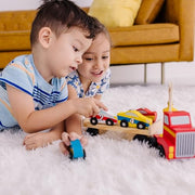 Melissa & Doug Magnetic Car Loader Wooden Toy Set with 4 Toy Cars | 6 Pieces, Wooden Truck, Detachable Trailer, Magnetic Crane, 4 Numbered Cars, Vehicle Sorting Play, Preschool Toys, Ages 3+