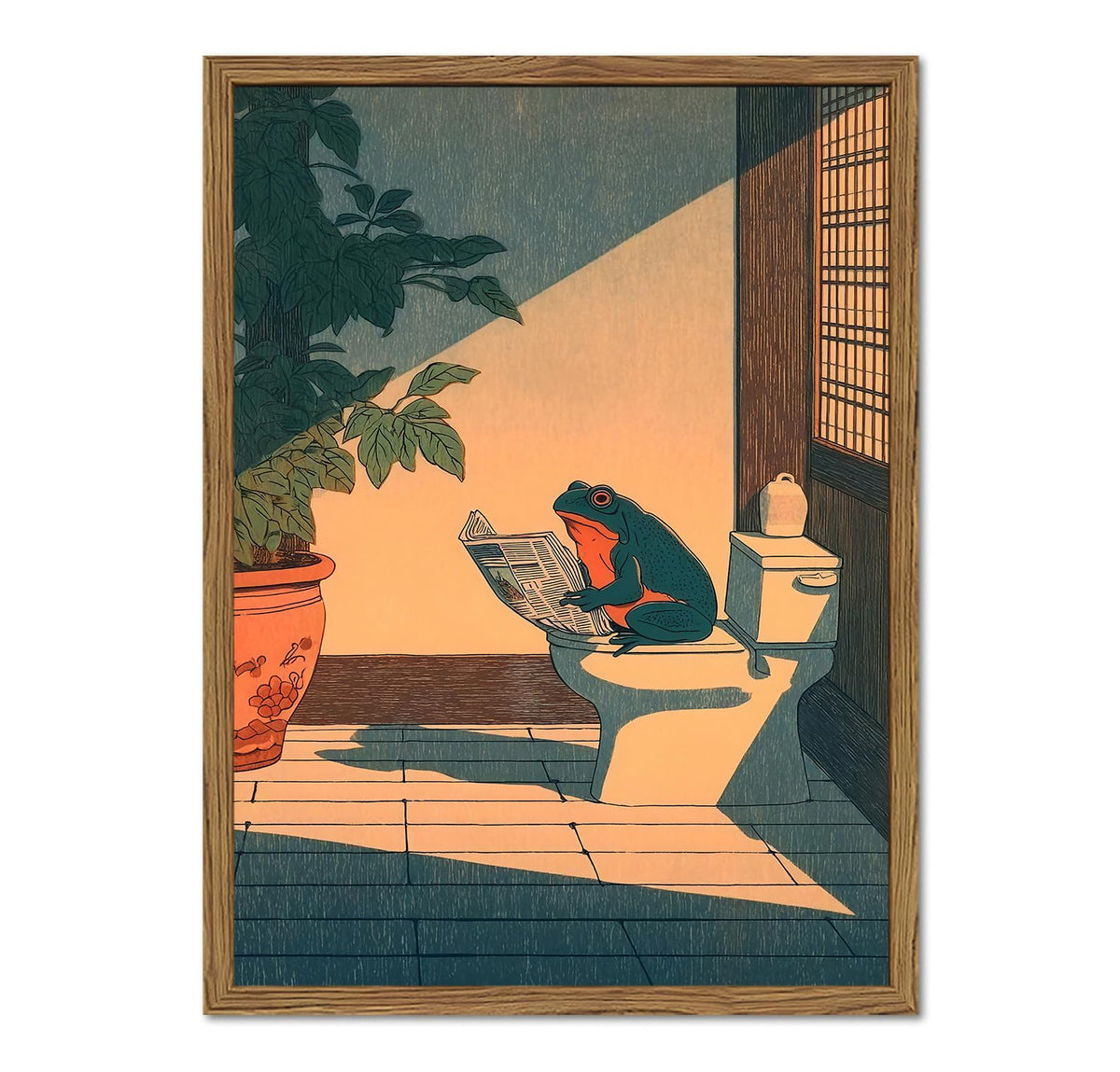 Funny Frog Bathroom Wall Art, Cute Japanese Frog in Toilet Wall Decor, Whimsical Green Animal Restroom Poster Canvas Painting Prints Artwork 12x16 inch Framed