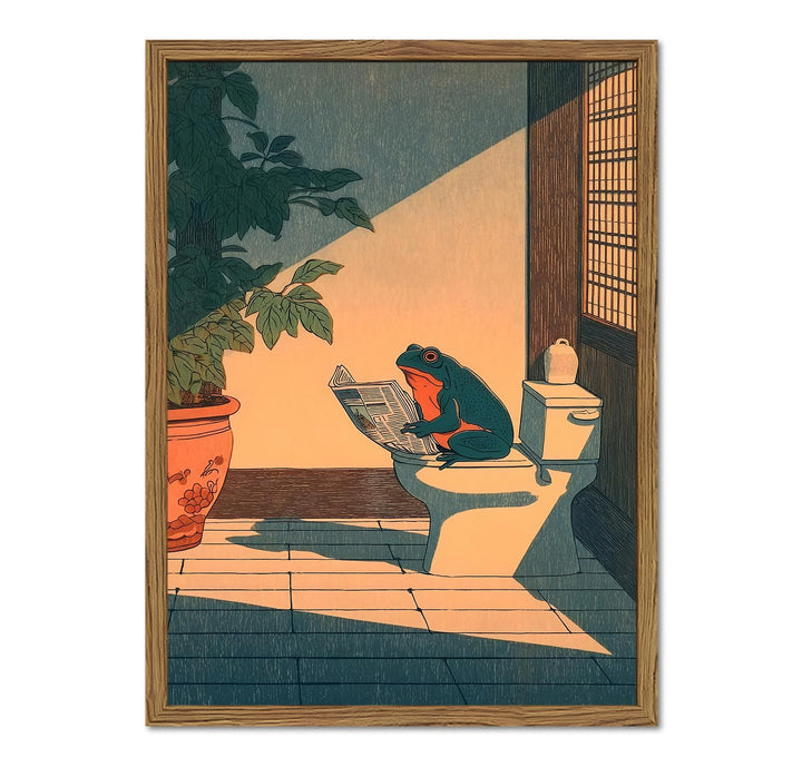 Funny Frog Bathroom Wall Art, Cute Japanese Frog in Toilet Wall Decor, Whimsical Green Animal Restroom Poster Canvas Painting Prints Artwork 12x16 inch Framed
