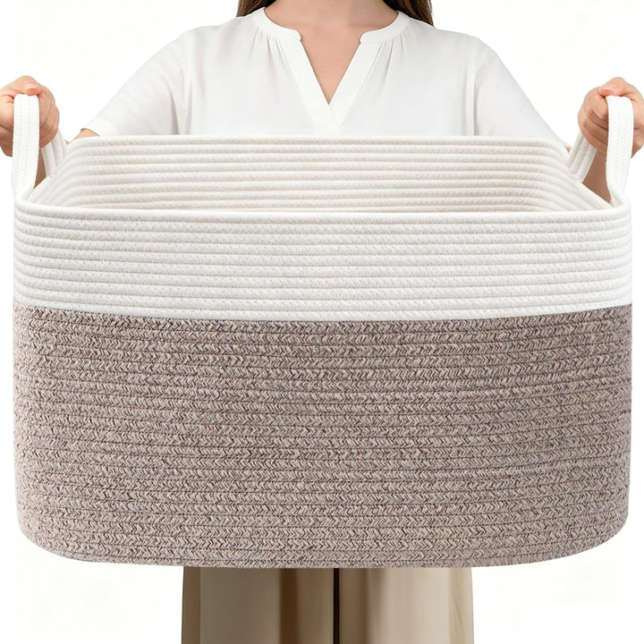 HZFTJOY 65L Laundry Basket with Handles, Woven Blanket Basket, White/Brown | 21"×16"×12" Collapsible Cotton Rope Storage Basket for Toys Clothes & Pillows, Nursery, Bathroom, Bedroom, Living Room
