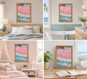 Framed Pink Coastal Canvas Wall Art,Girl Beach Surfers Picture Wall Decor | Summer Poster Print Artwork,for Bedroom Bathroom Girls Room Home Decoration 12x16 inch