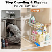 REALINN Under Sink Organizer, L-Shaped 2 Tier Pull Out Cabinet Organizer | Slide Out Under Cabinet Storage, For Kitchen and Bathroom, Metal Under Sink Storage with Sliding Drawer, 50 lbs, White 2 Pack