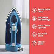 BLACK+DECKER Steam Iron for Clothes with Retractable Cord | Retractable-cord steam iron with anti-drip, vertical steam, auto clean and spray mist for easy ironing.