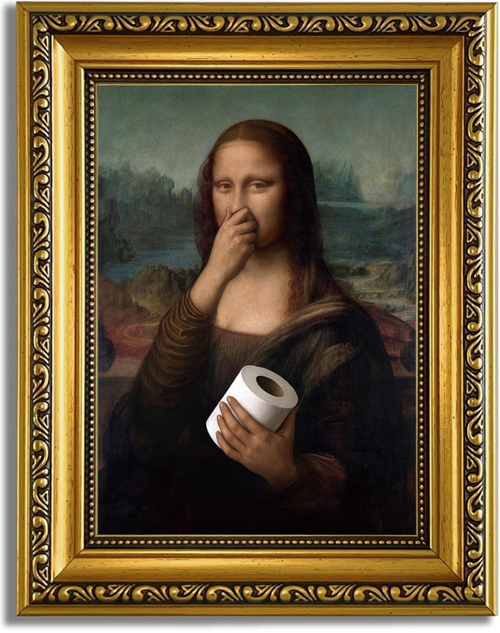 YD&YZY Bathroom Wall Art Funny Mona Lisa Wall Decor Vintage Gold Framed | Mona Lisa Pinching Nose, 8"x10" Mini Small Size Humorous Toilet Art decorations for Bathroom Restroom