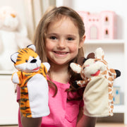 Melissa & Doug Zoo Friends Soft Plush Hand Puppets 4-Piece Glove Set | 4 Plush Hand Puppets, Elephant, Giraffe, Tiger, Monkey, Washable Puppet Gloves, Pretend Play, Toddler Toys for Kids, Ages 2+