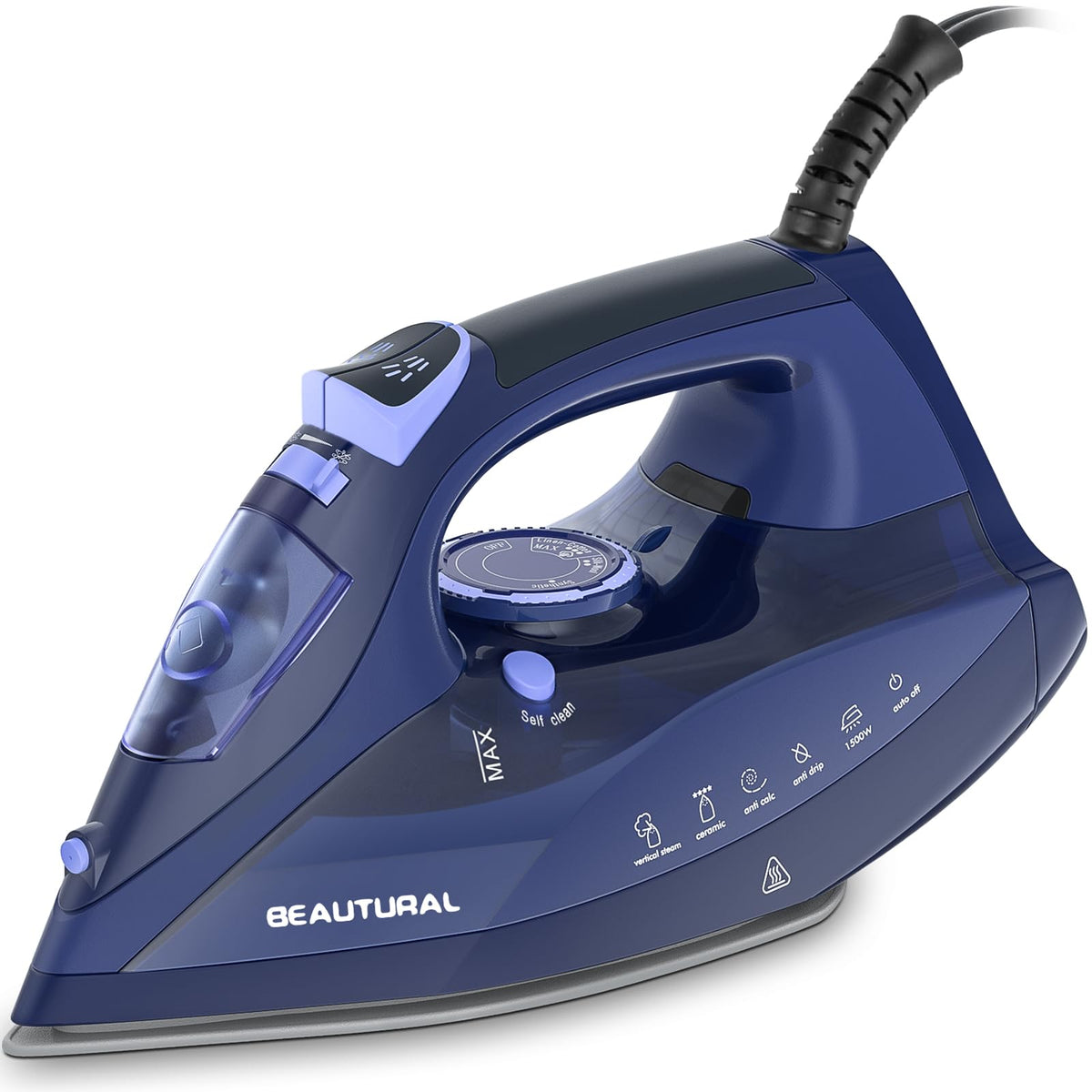 BEAUTURAL Steam Iron for Clothes with Ceramic-Coated Soleplate, 1500 Watts | Burst of Steam, 3-Way Auto-Off, Anti-Drip and Anti-Calcium, Self-Cleaning, Easy Temperature Control, Pefect for Home Use