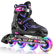 2PM SPORTS Adjustable Inline Skates for Kids, Youth and Adults | Reinforced aluminum frame; lateral support; beginner friendly; triple closure; light-up wheels; 2 non-woven bags