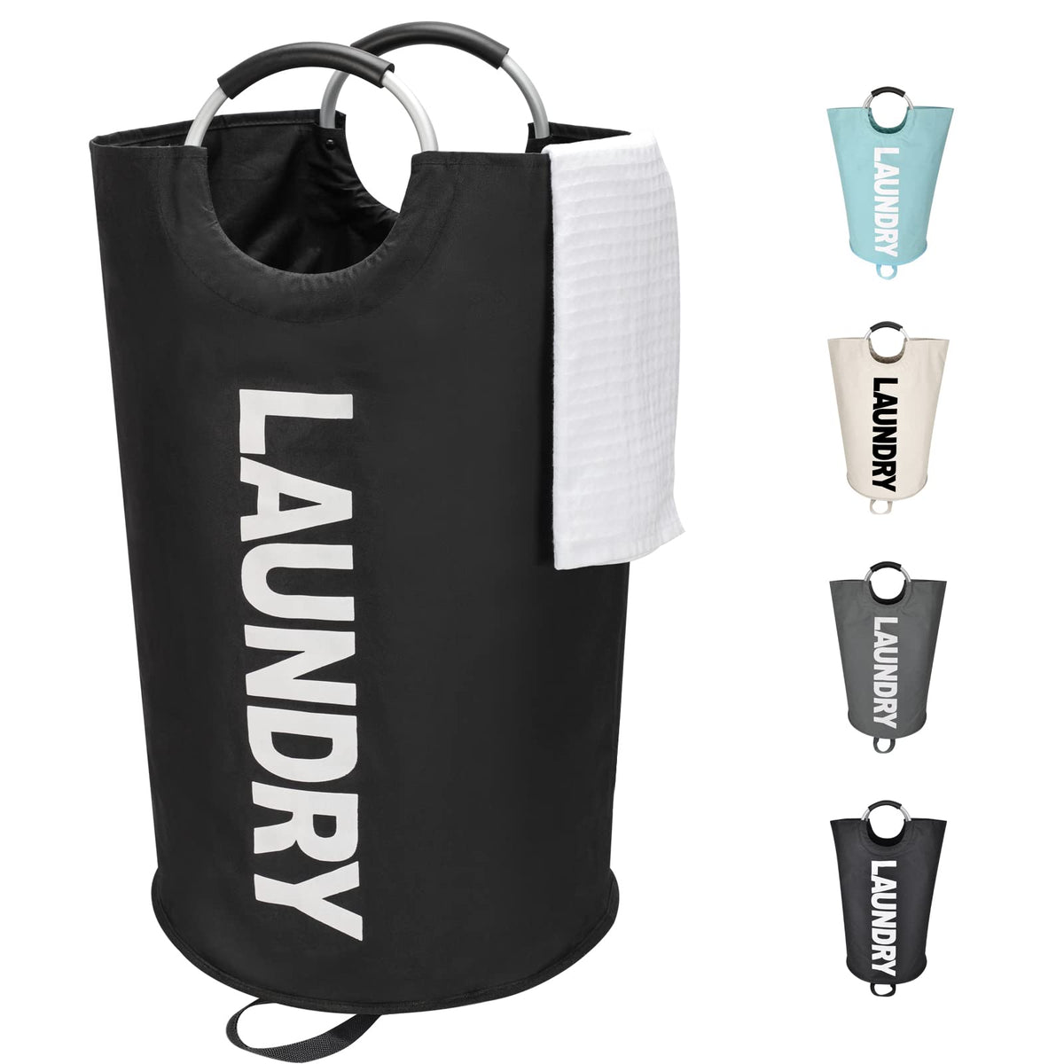 Maxsilan 90L Large Laundry Basket Bag, Collapsible Tall Hamper, Black | Freestanding tall laundry bag & foldable washing basket. Large capacity clothes storage bin with durable sturdy handles