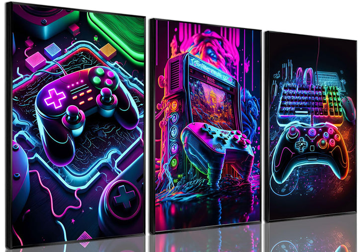 BGFCE Game Room Decor Posters Set of 3 - Neon Gaming Accessories Theme Canvas Wall Art, Gamer Console Paintings Picture Wall Decor for Children Youth Boys Bedroom 12x16 inch Unframed