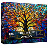 Amzgo® 1000 Pieces Stained Glass Jigsaw Puzzle, Beautiful Tree of Life Art Puzzles for Adults, Unique Fun Impossible Hard Difficult Challenging Pretty Puzzles, Colorful Mosaic Nature Puzzle
