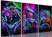BGFCE Game Room Decor Posters Set of 3 - Neon Gaming Accessories Theme Canvas Wall Art, Gamer Console Paintings Picture Wall Decor for Children Youth Boys Bedroom 12x16 inch Unframed