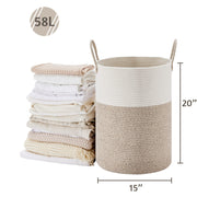 VIPOSCO 58L Tall Woven Laundry Basket Hamper, White Brown | Cotton rope laundry hamper, collapsible wicker basket, storage for blanket, toys, dirty clothes, for bedroom, bathroom