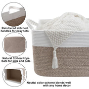 HZFTJOY 65L Laundry Basket with Handles, Woven Blanket Basket, White/Brown | 21"×16"×12" Collapsible Cotton Rope Storage Basket for Toys Clothes & Pillows, Nursery, Bathroom, Bedroom, Living Room