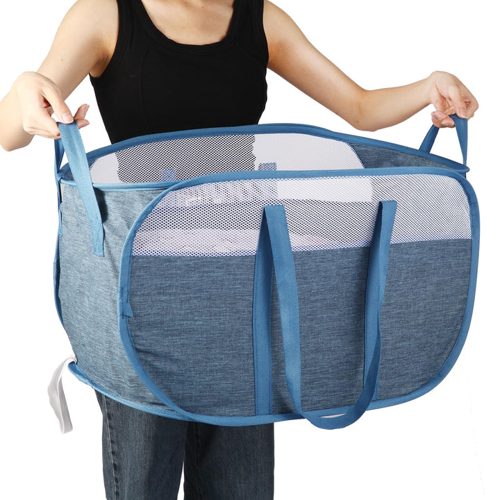 Collapsible Laundry Baskets, Tear Proof Pop Up Laundry Hamper with Dual Handles, Durable Foldable Laundry Basket, Easy to Carry Laundry Hamper for Home, Laundry Room, Bedroom, Dorm, Travel Blue
